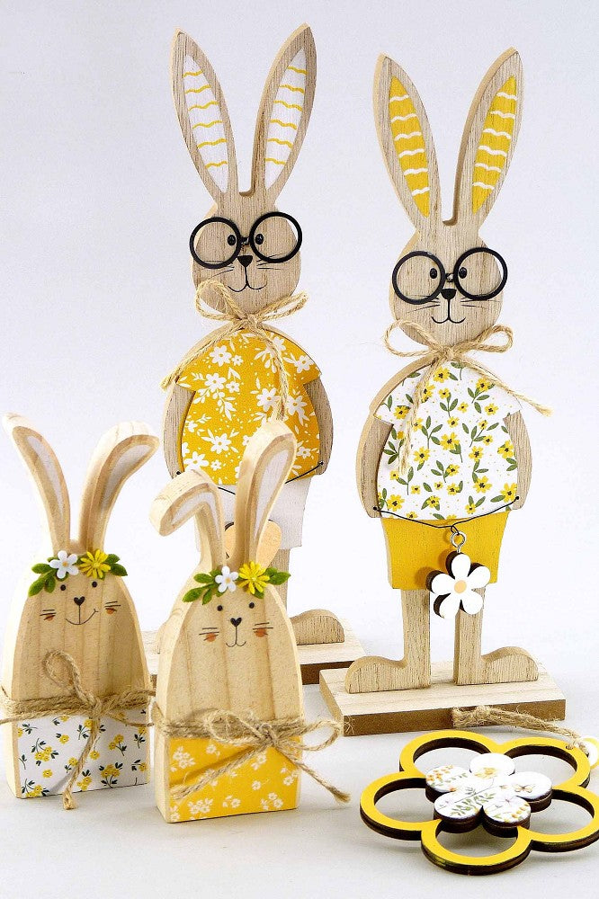 Hase aus Holz mit Brille natur weiß gelb 27cm sortiert Frühlingsdeko