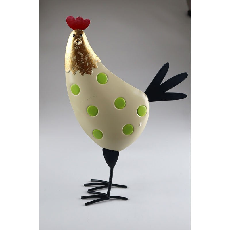 Huhn weiß mit Punkten grün Metall 26x39cm Gartendeko