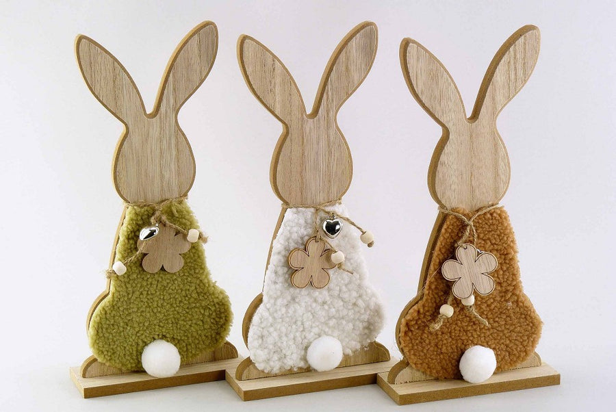 Holz Stoff Hase natur braun grün creme 28cm Dekoration