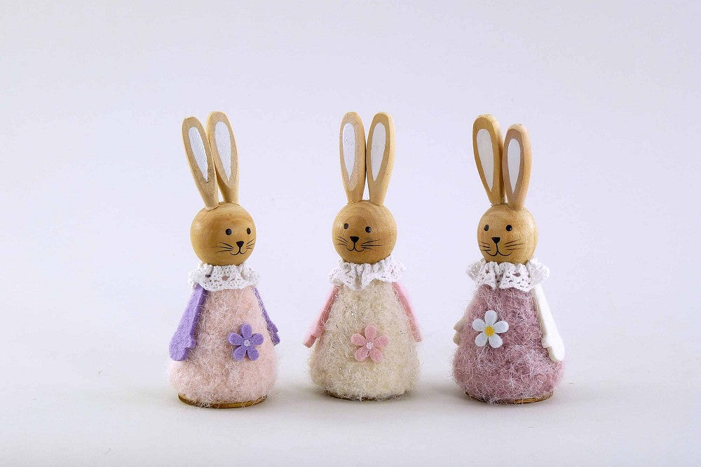 Holz Stoff Hase Blümchen natur creme rosa violett 12cm Dekoration