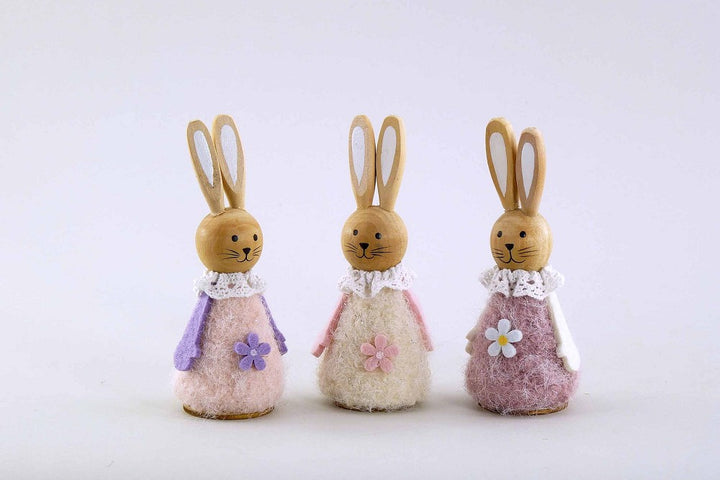 Holz Stoff Hase Blümchen natur creme rosa violett 12cm Dekoration