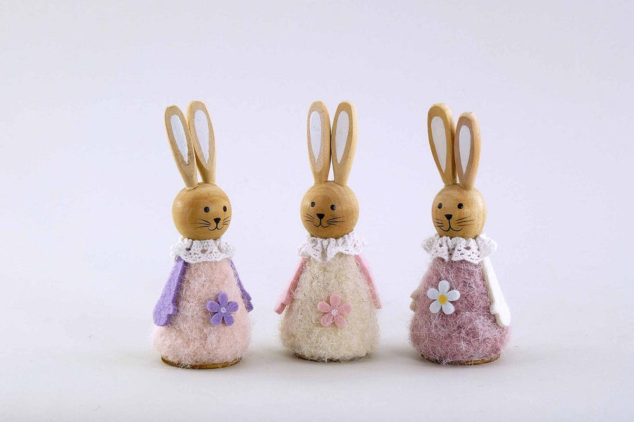 Holz Stoff Hase Blümchen natur creme rosa violett 12cm Dekoration