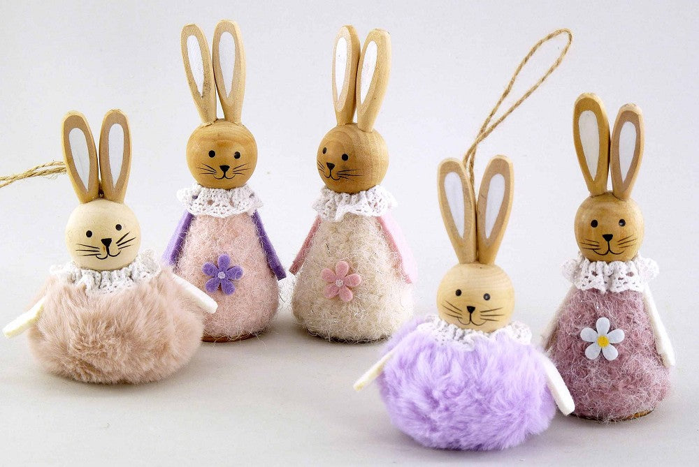 Osterhase Blümchen Holz Stoff sortiert creme rosa violett 12cm