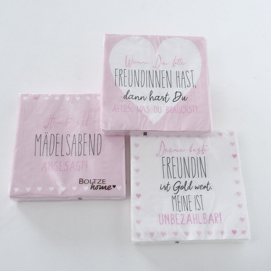 Servietten Friends 20 Stück Herzmotiv Text Deutsch Rosa Hellrosa Weiß 3 sort