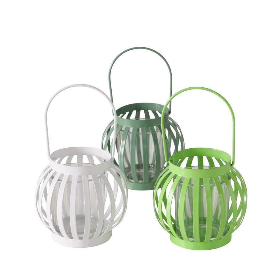 Windlicht Samba rund aus Klarglas und Eisen mit Metallhenkel Grün Weiß 3 sort