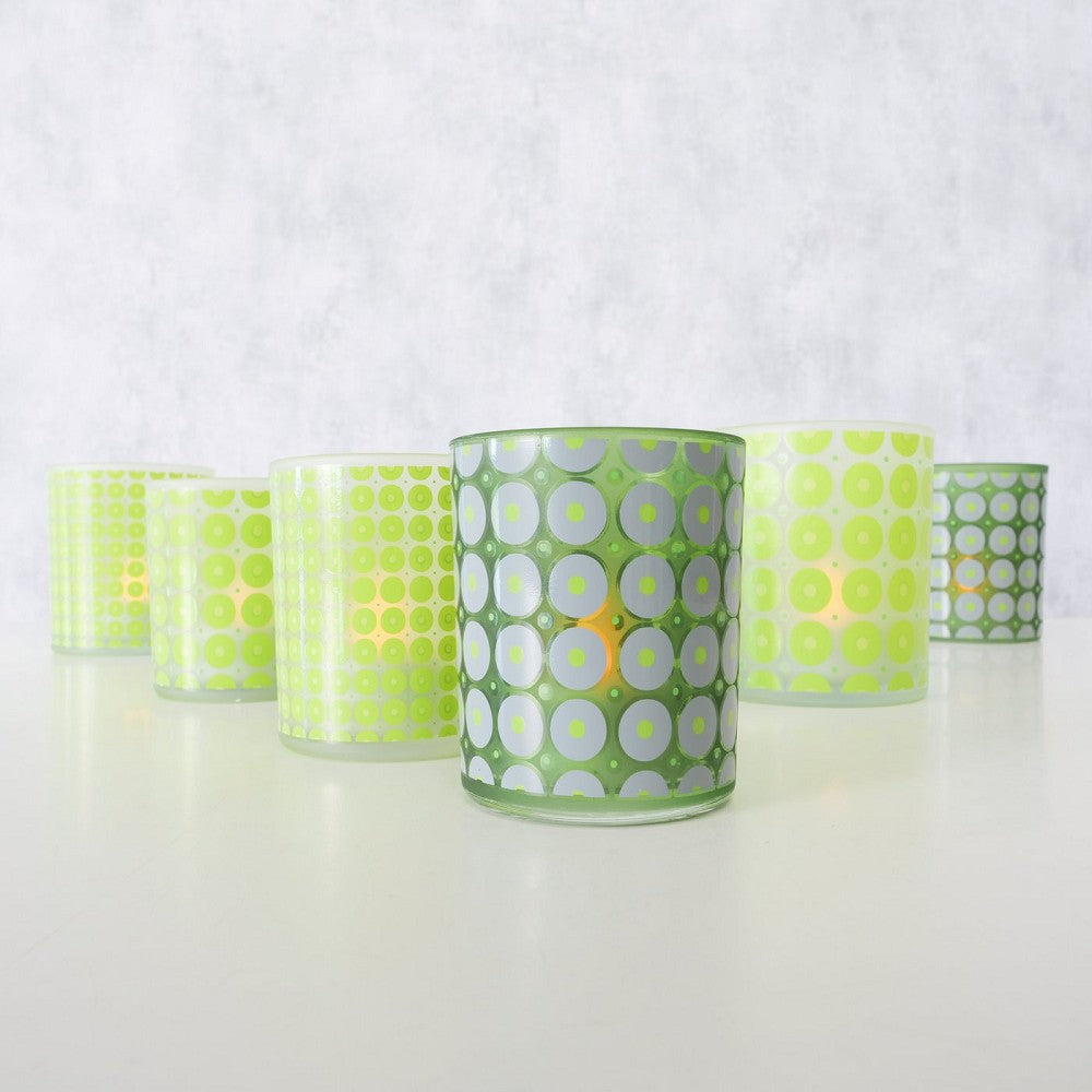 Rundes Windlicht Svea 9 cm Ø 10 cm Indoor Kerze nicht enthalten grünes Glas bedruckt
