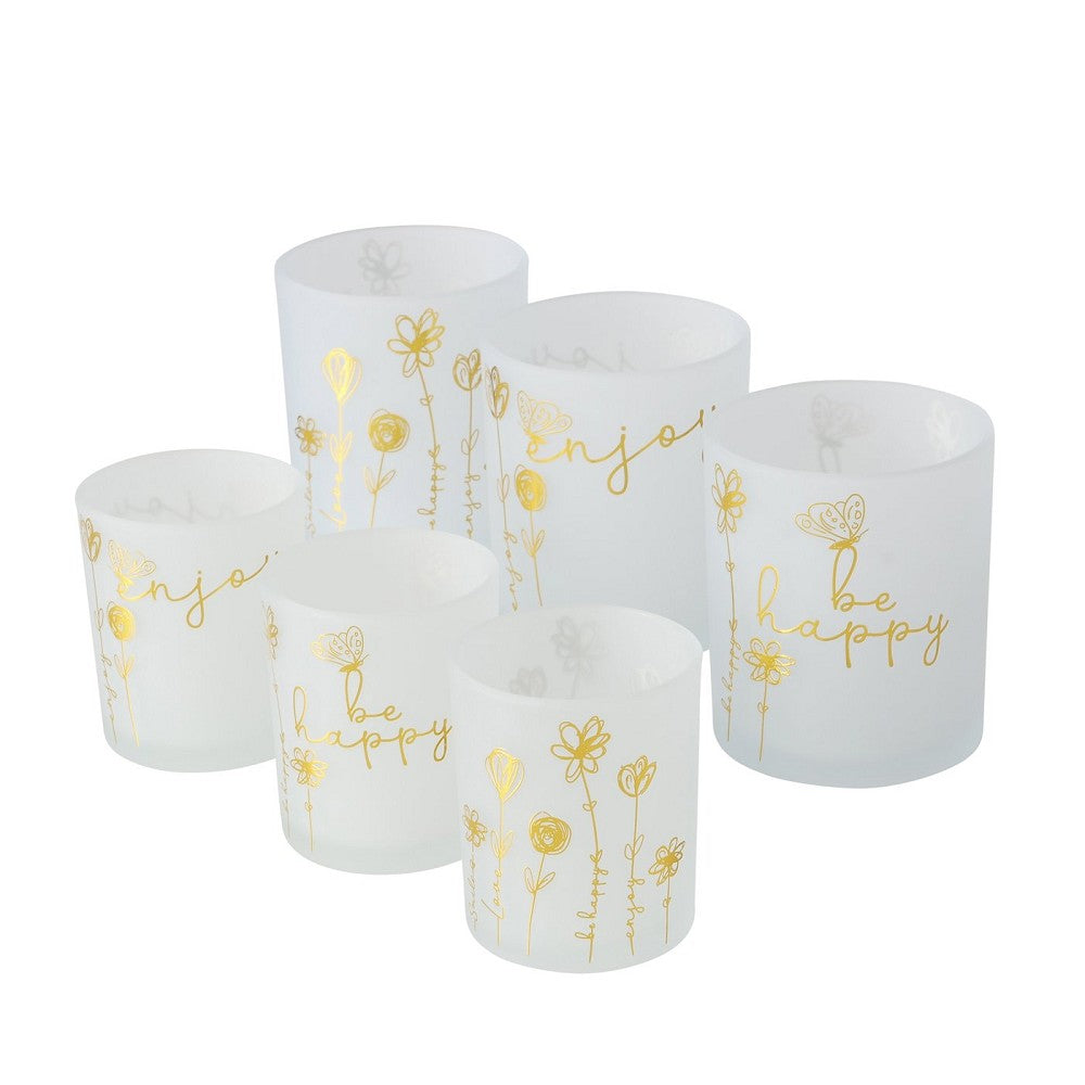 Windlicht Davina Gold Weiß aus lackiertem Glas floral Spruch Englisch Glanz Matt 3 sort
