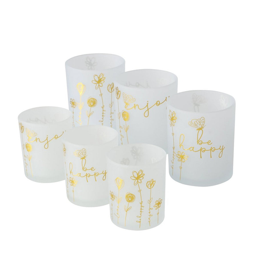 Windlicht Davina Gold Weiß aus lackiertem Glas floral Spruch Englisch Glanz Matt 3 sort