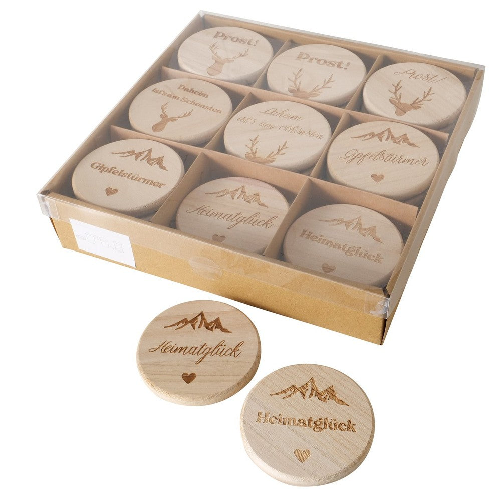 Untersetzer Vilbert Paulownia Holz naturbraun gelasert Motiv rund Ø 10 cm 9 sort