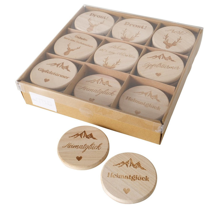 Untersetzer Vilbert Paulownia Holz naturbraun gelasert Motiv rund Ø 10 cm 9 sort