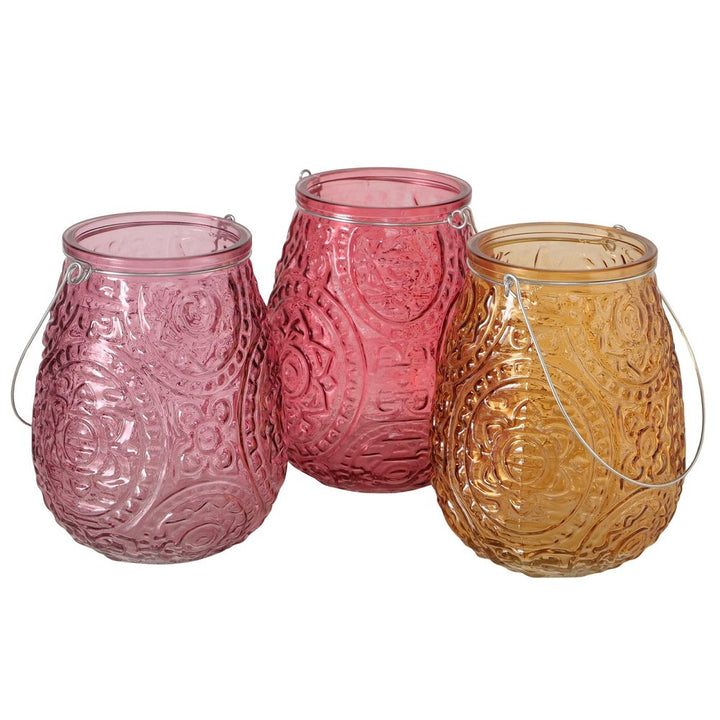 Windlicht Mando glänzend Orange Pink Lila aus Eisen und lackiertem Glas mit Relief 3 sort Henkel