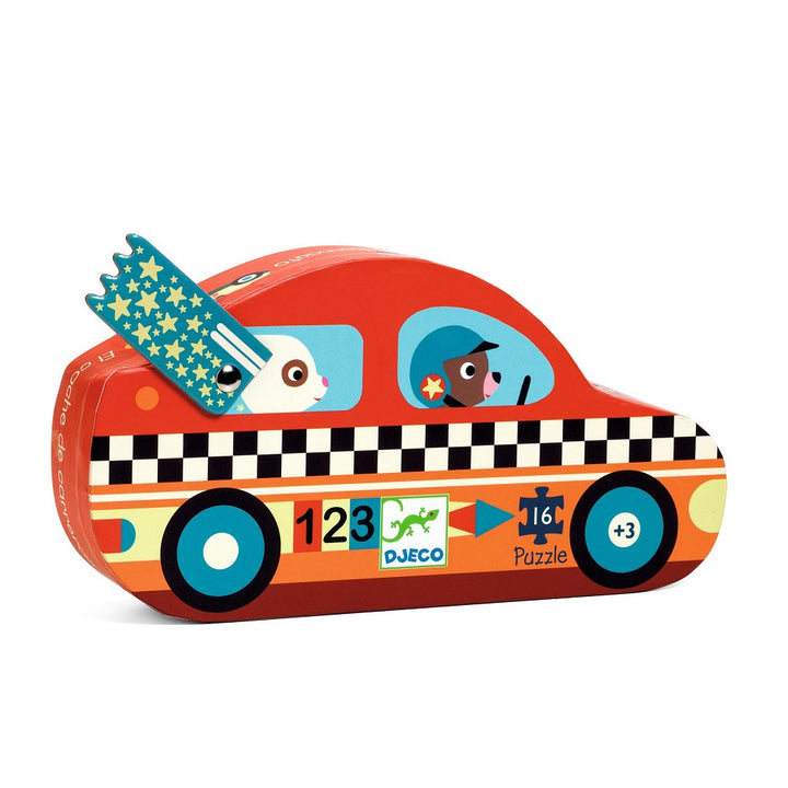 Djeco Puzzle Das Rennauto 16 Teile Silhouetten Box Rennwagenform Puzzle aus Pappe 25 x 25 cm