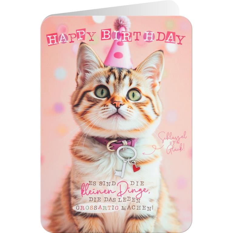 Sheepworld Grusskarte GK KEY de 15 h Happy Birthday Katze mit Schlüsselaccessoire FSC 17 x 12 cm