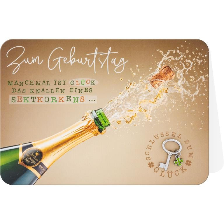 Sheepworld Grusskarte GK KEY de 09 q Geburtstag Glück Sektkorken mit Schlüsselaccessoire FSC 17 x 12