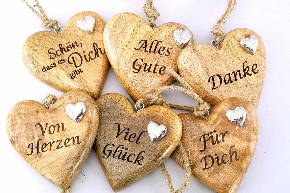 Dekoanhänger Herz Mangoholz Alu natur silber sortiert Ø 15 cm mit Botschaft