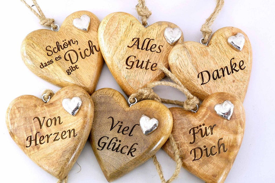 Dekoanhänger Herz Mangoholz Alu natur silber sortiert Ø 15 cm mit Botschaft