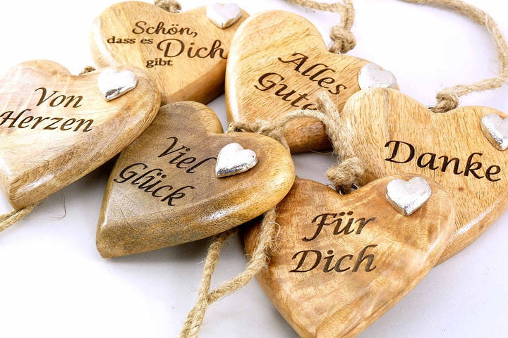 Herz Anhänger aus Mangoholz mit Spruch Geschenkbeigabe Danke Viel Glück Für Dich
