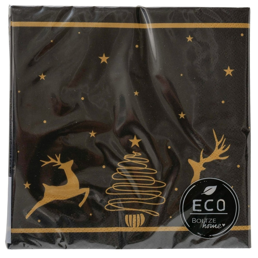 Servietten Cervo 16,5x16,5cm Hirsch Weihnachtsbaum Schwarz Gold