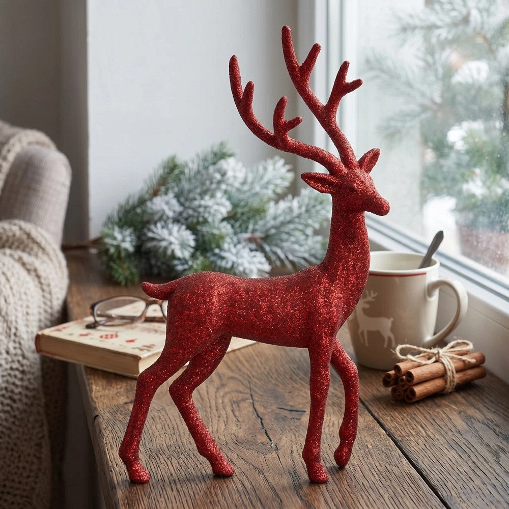 Hirsch glitzernd Kunststoff Rot H 39 cm Weihnachtsdeko funkelnd