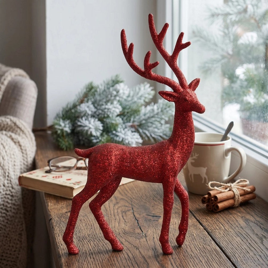 Hirsch glitzernd Kunststoff Rot H 39 cm Weihnachtsdeko funkelnd