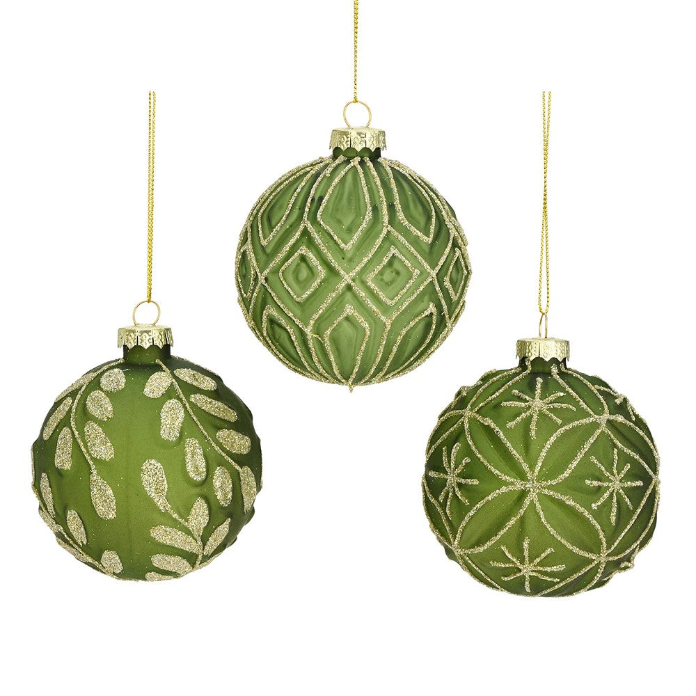 Weihnachtskugel beflockt Glas Grün D 8 cm Christbaumschmuck winterlich