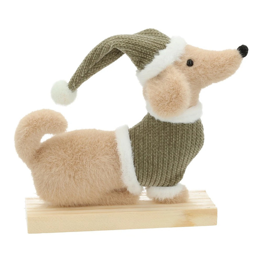 Aufsteller Hund Textil Beige Grün H 18 cm charmant weich