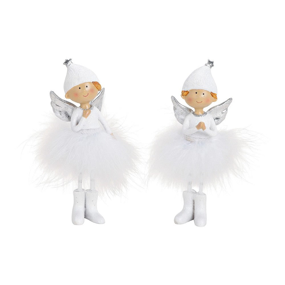 Engel aus Poly Feder Weiß Silber H 14 cm elegant Weihnachtsdeko