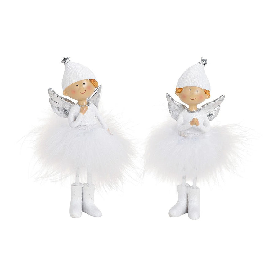 Engel aus Poly Feder Weiß Silber H 14 cm elegant Weihnachtsdeko