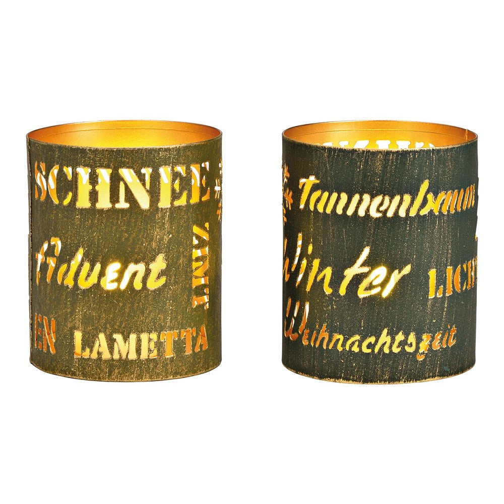Windlicht mit Schriftzügen Weihnachten Metall Grün H 10 cm festlich