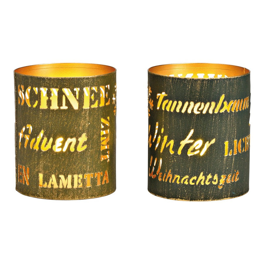Windlicht mit Schriftzügen Weihnachten Metall Grün H 10 cm festlich