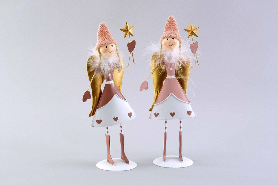 Metall-Engel mit Mütze H 23 cm Rosa Weiß Gold Weihnachtsdeko
