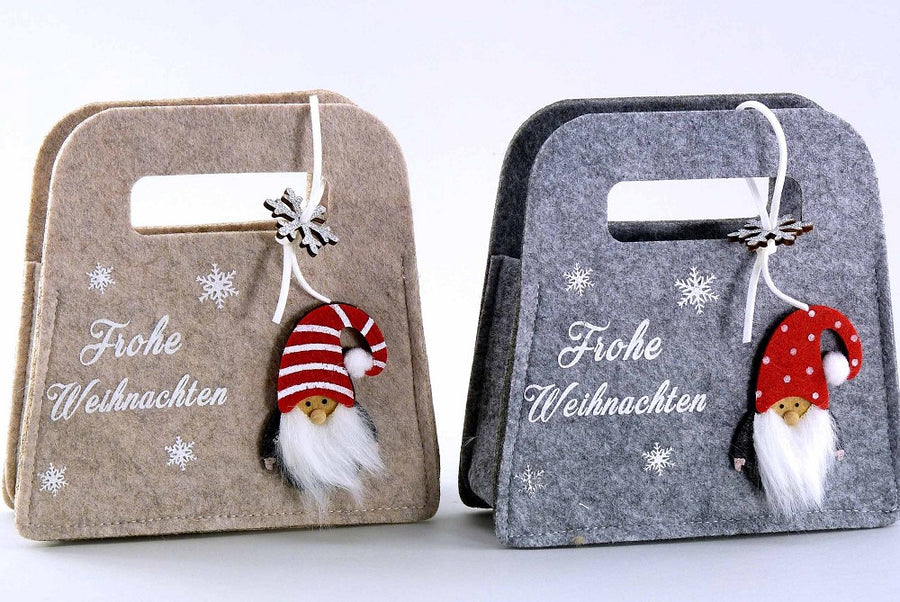 Filz-Tasche Frohe Weihnachten Wichtel H 16 cm Grau Braun charmant