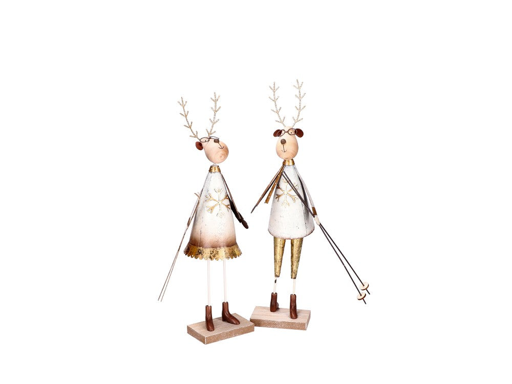 Rentier Blech Skifahrer Weiß Gold H 34 cm Weihnachtsdeko elegant