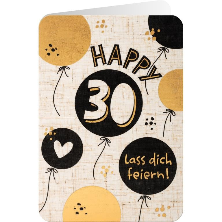 Grußkarte Happy 30 Leinen mit Luftballons in Schwarz und Gold