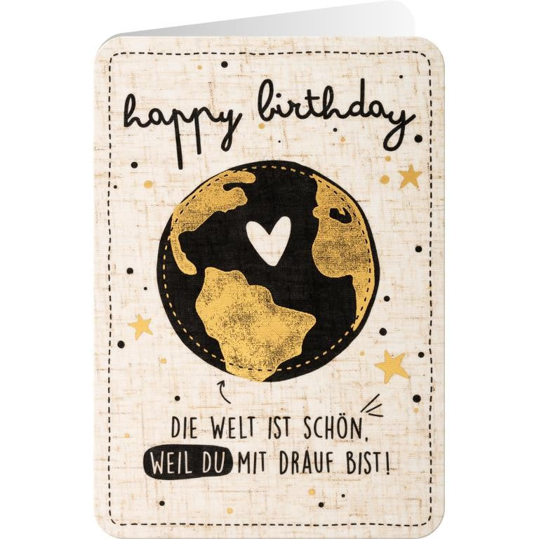 Grußkarte Happy Birthday Welt Leinen mit goldener Erdkugel und Herz