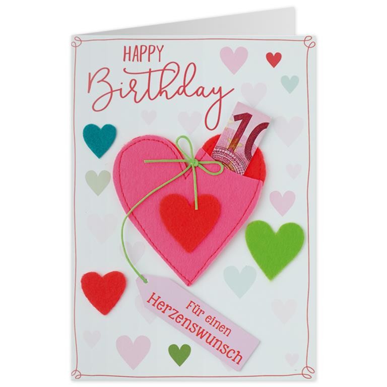 Grußkarte Happy Birthday Herzenswunsch Filz mit pinkfarbener Herztasche
