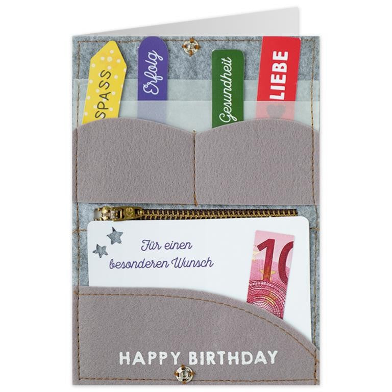 Grußkarte Happy Birthday Filz Geldgeschenk mit Reißverschlusstasche