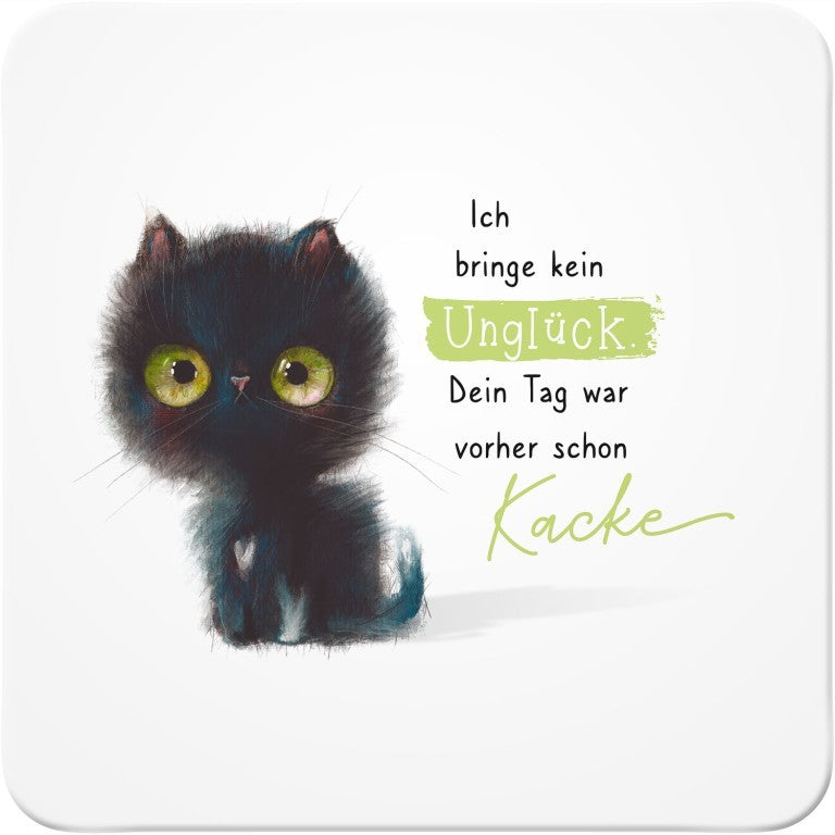 Untersetzer Katze schwarz Spruch mit flauschigem Kätzchen und grünen Augen