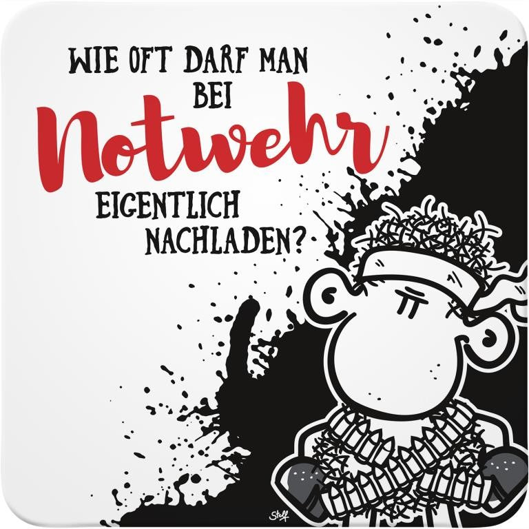 Untersetzer Notwehr Schaf Spruch mit Schaf und rotem Schriftzug