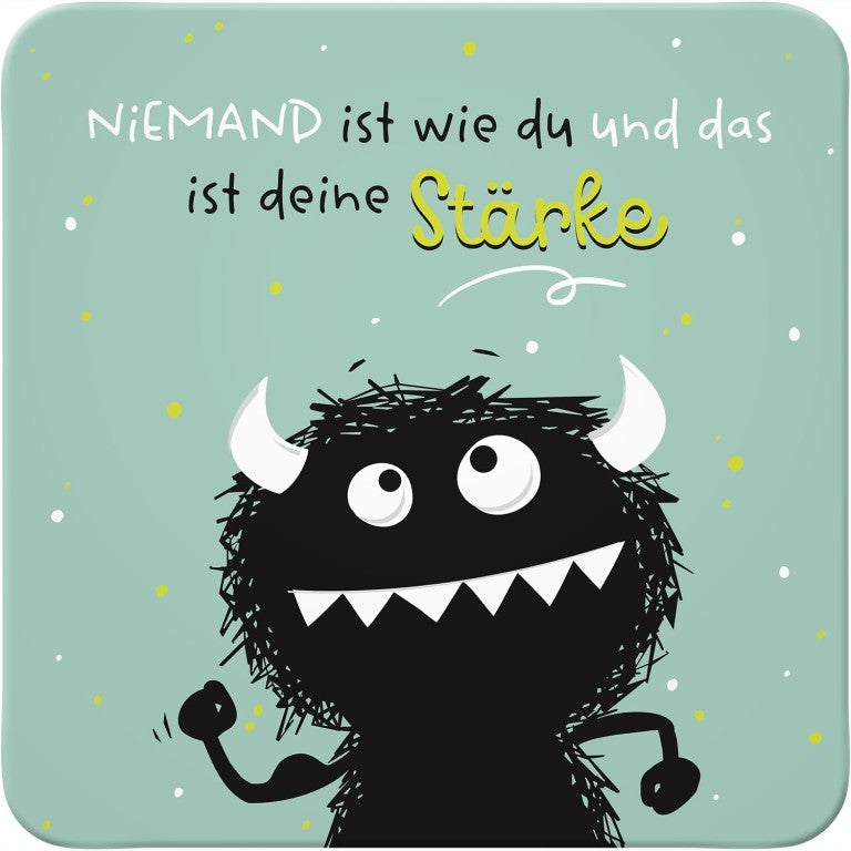 Untersetzer Stärke Monster Spruch mit schwarzem Monster auf mintgrünem Hintergrund