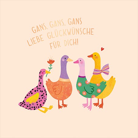 QuadrART Doppelkarte Gans Geburtstag mit vier bunten Gänsen