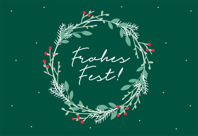 Mini Card Frohes Fest mit Kranz und roten Beeren auf grünem Hintergrund