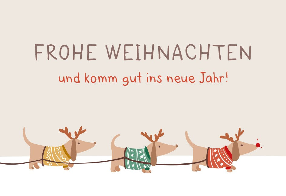 Mini Card Frohe Weihnachten Dackel mit Weihnachtspullovern und Rentiergeweih
