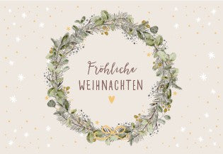Mini Card Fröhliche Weihnachten mit Eukalyptuskranz und goldenem Herz
