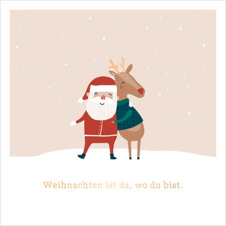 QuadrART Doppelkarte Weihnachten Weihnachtsmann umarmt ein Rentier im Schnee