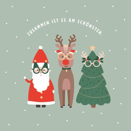 QuadrART Doppelkarte Weihnachten Zusammen mit Weihnachtsmann, Rentier und Tannenbaum