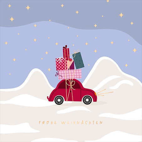 QuadrART Doppelkarte Weihnachten Auto mit Geschenken in verschneiter Berglandschaft