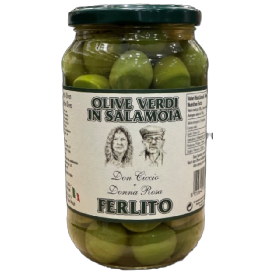 Ferlito grüne Aperitiv-Oliven - sizilianische Olive Verdi in Salzlake, traditionell eingelegt, 1000g Abtropfgewicht