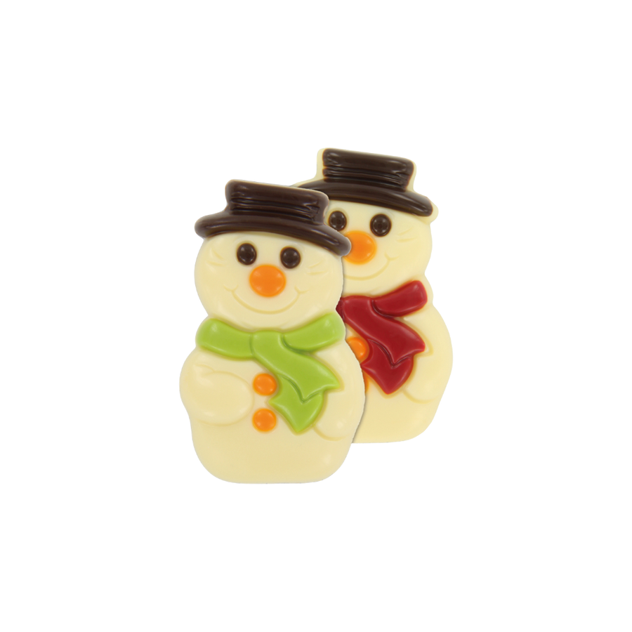 elief Schneemann aus weißer Schokolade mit Schal und Hut, 15g winterliche Süßware