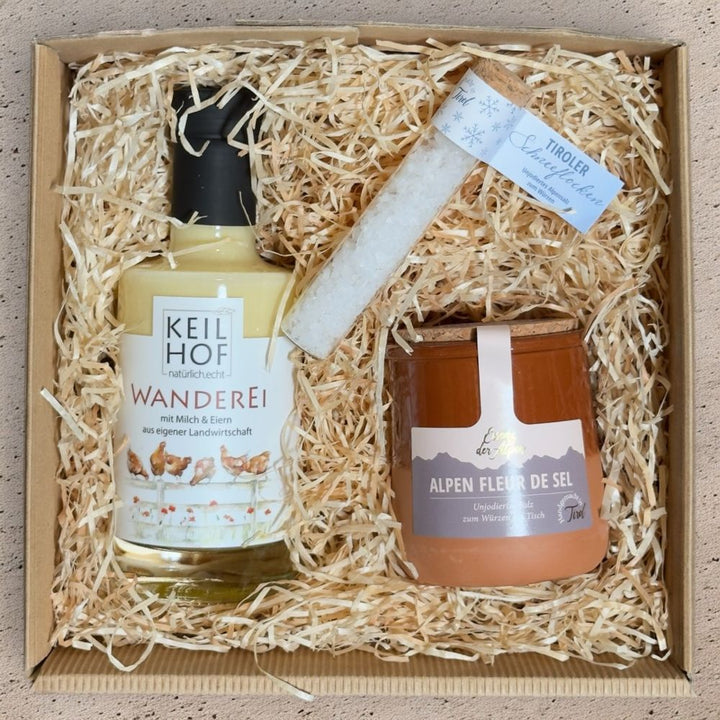 Tirol Geschenkbox mit Keilhof Wanderei Eierlikör Tiroler Schneeflocken Speisesalz und Alpen Fleur de